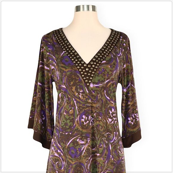 Michael Kors Brown Purple Paisley Print Stretch Jersey Studded Tunic Dress S - Picture 2 of 4